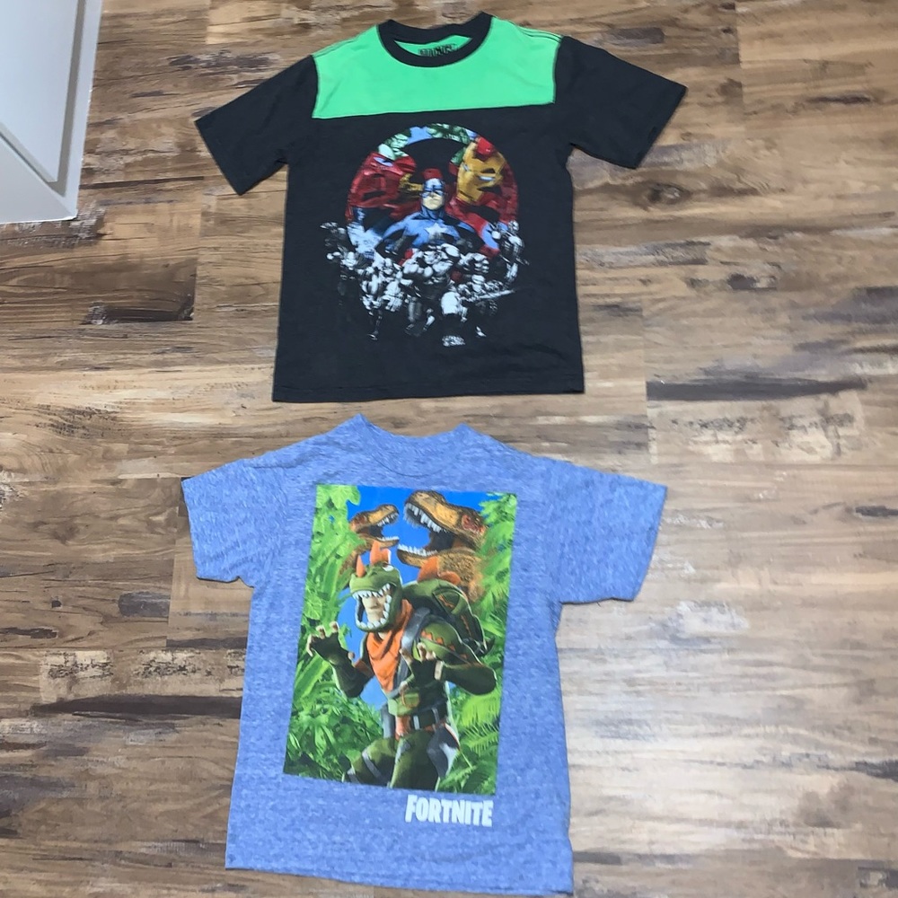 Two shirts; Marvel and Fortnite sizes 10/12 boy, both cotton good condition